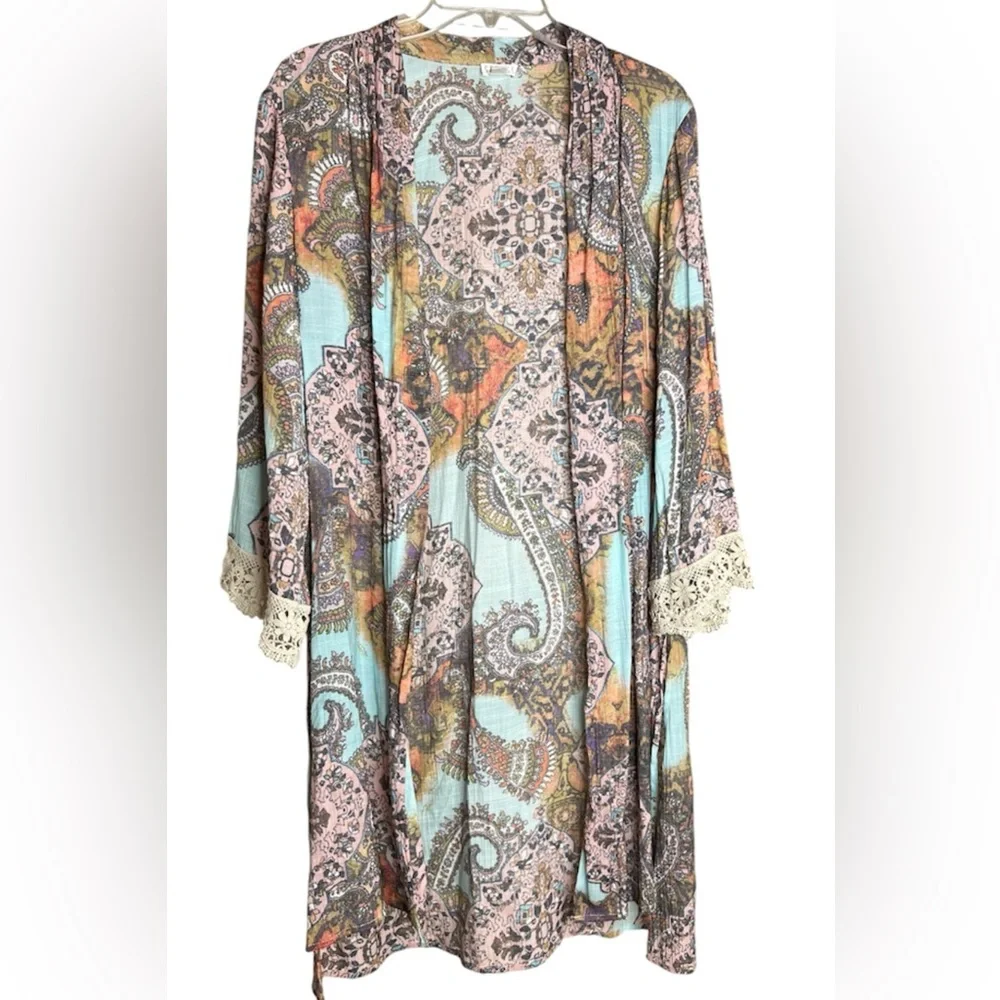 Spense Women’s Paisley Multicolor Boho Lace Trimmed Sleeves Accents Kimono SZ XL - Picture 6 of 11